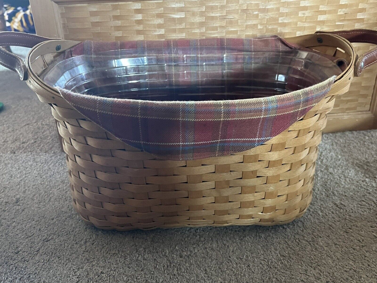 Longaberger Warm Brown Library Basket, Protector and Toboso Liner~EUC