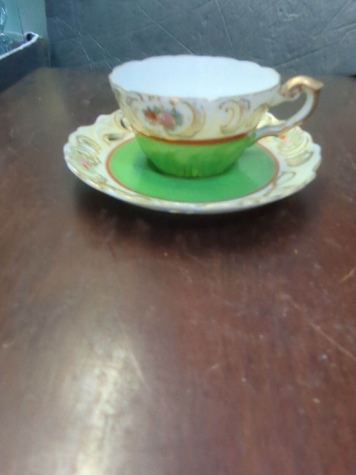Vintage Miniature Floral Green Gold Teacup And Saucer Set