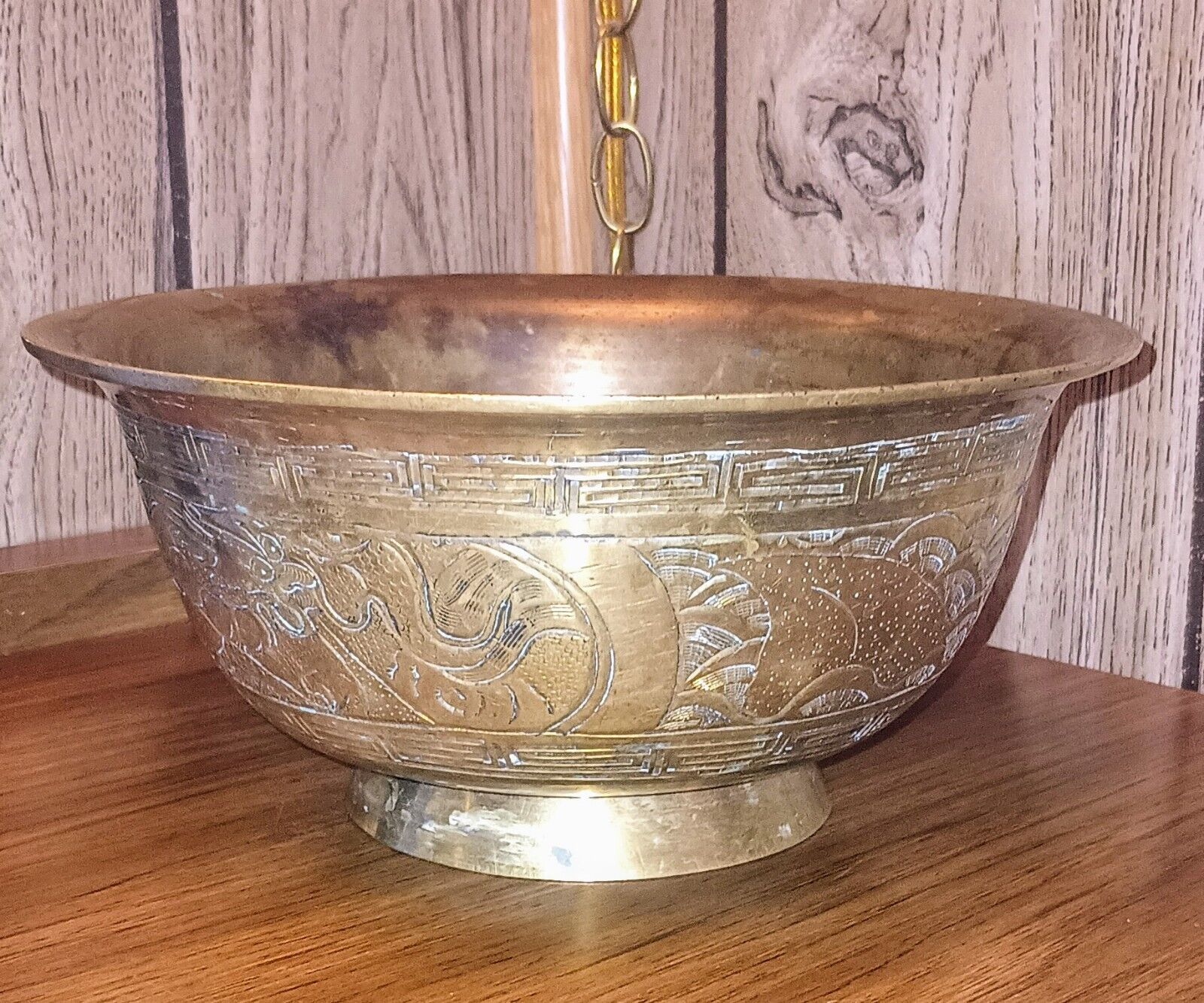 Vintage Oriental Brass Bowl Heavy Footed Etched