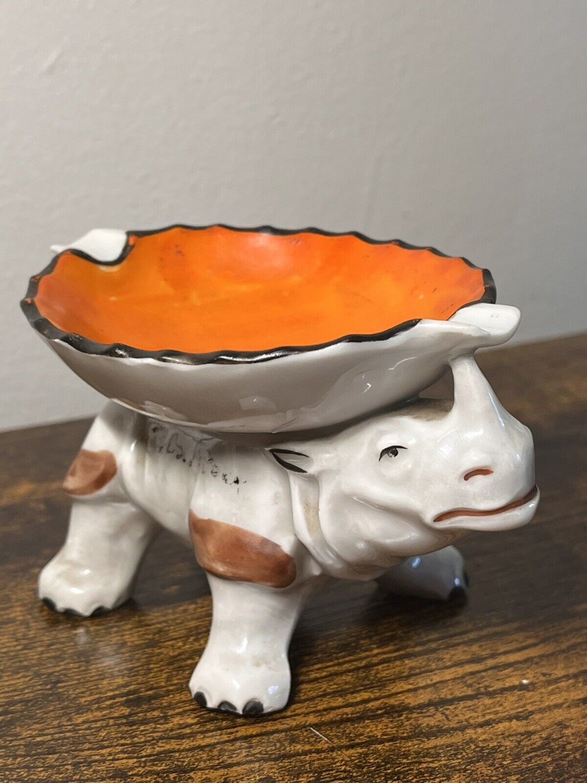 Vintage Germany Porcelain Rhino Ashtray Figural Rhinoceros Iridescent Deco RARE