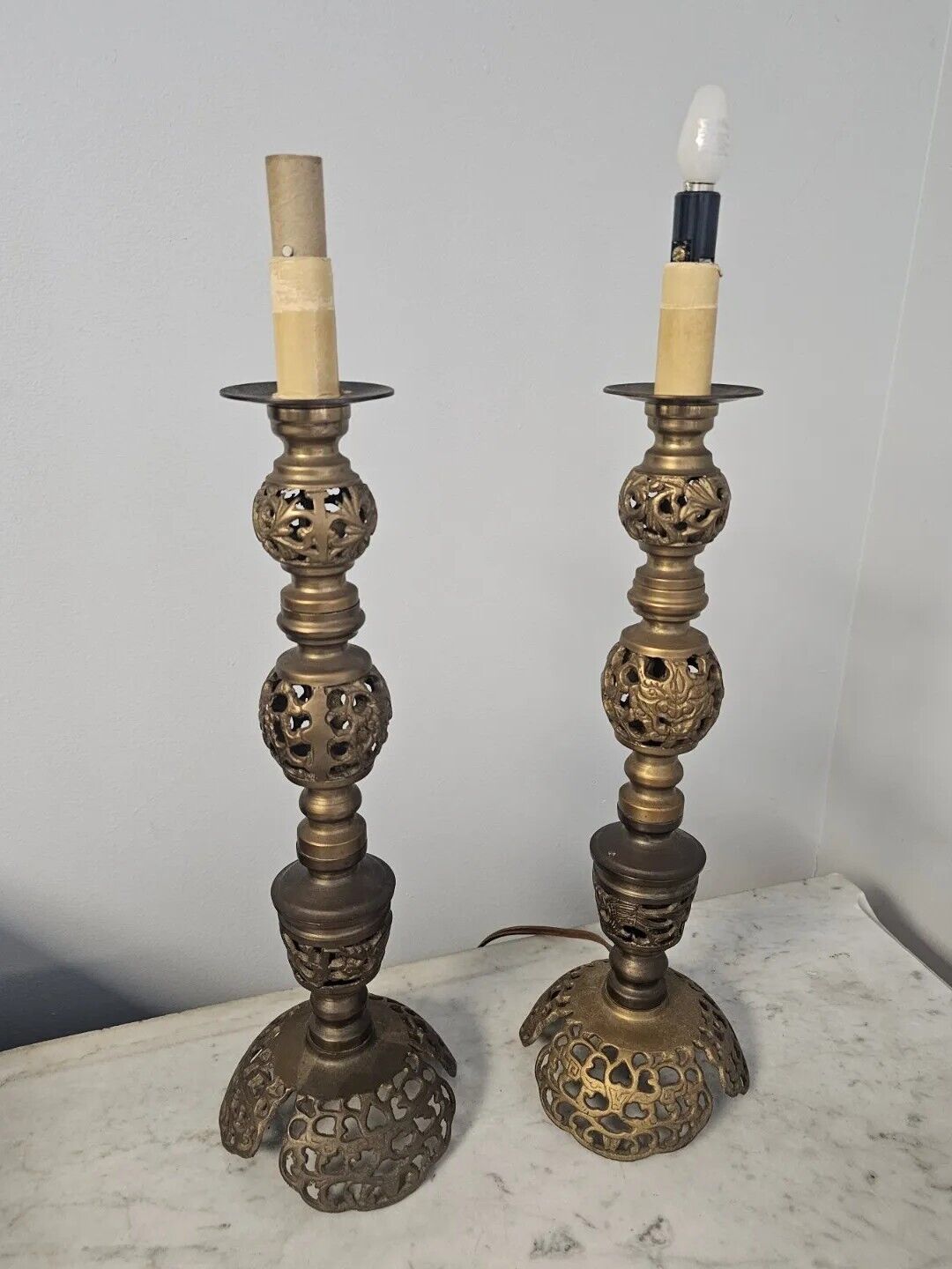 Vtg Pair of Brass Pillar Candle Holder Candlestick Lamps Dragons 17\