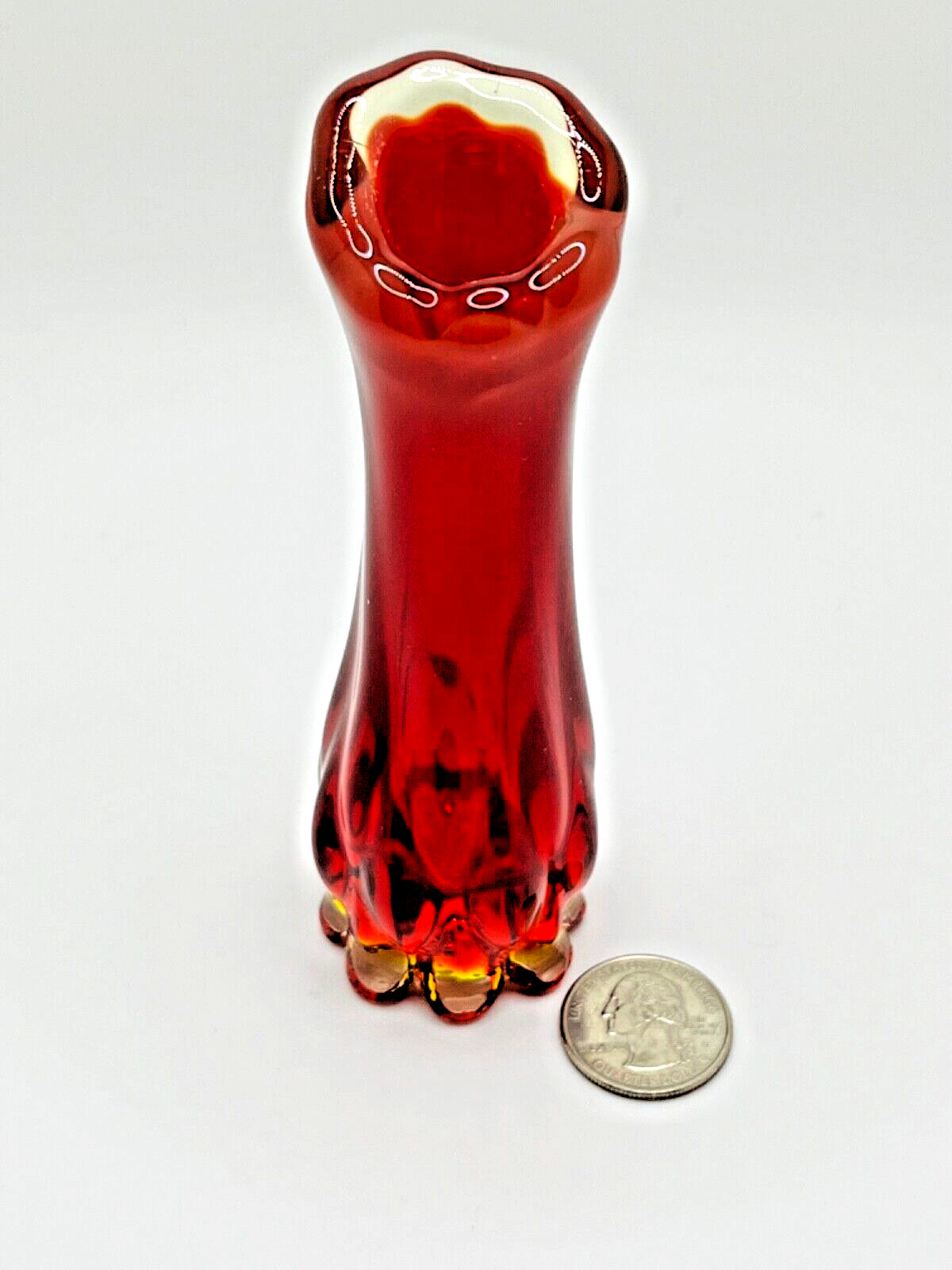 Fostoria Heirloom Ruby Red Amberina Fancy Feet Swung Glass Bud Vase 5”, Glows