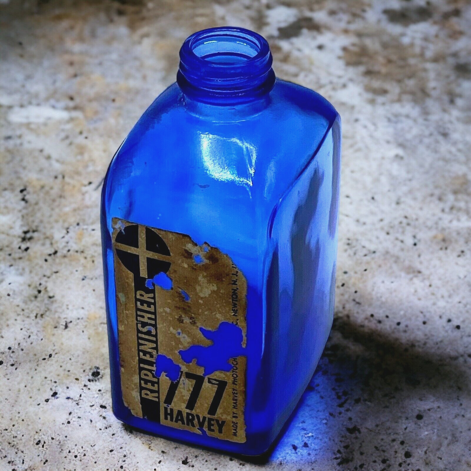 Vtg Square Cobalt Blue Glass Bottle w/Label Harvey Photochemical 777 Replenisher