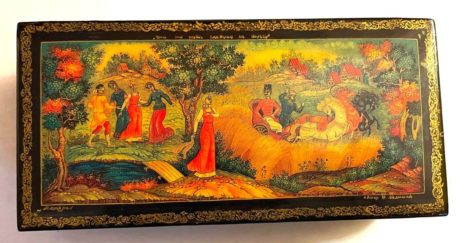Vintage Russian Lacquer Box Mstera Playful Scene