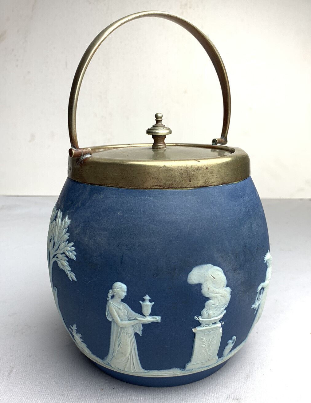 Wedgwood Blue JASPERWARE Antique Biscuit Barrel Jar & Lid ~ Circa 1800’s