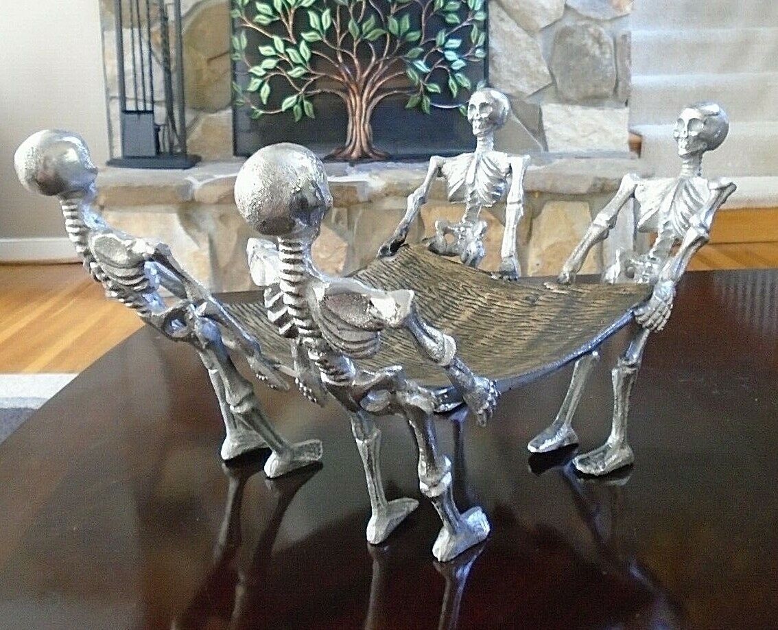 Skeleton & Skulls Halloween Candy Tray Antique Finish Aluminum 14\