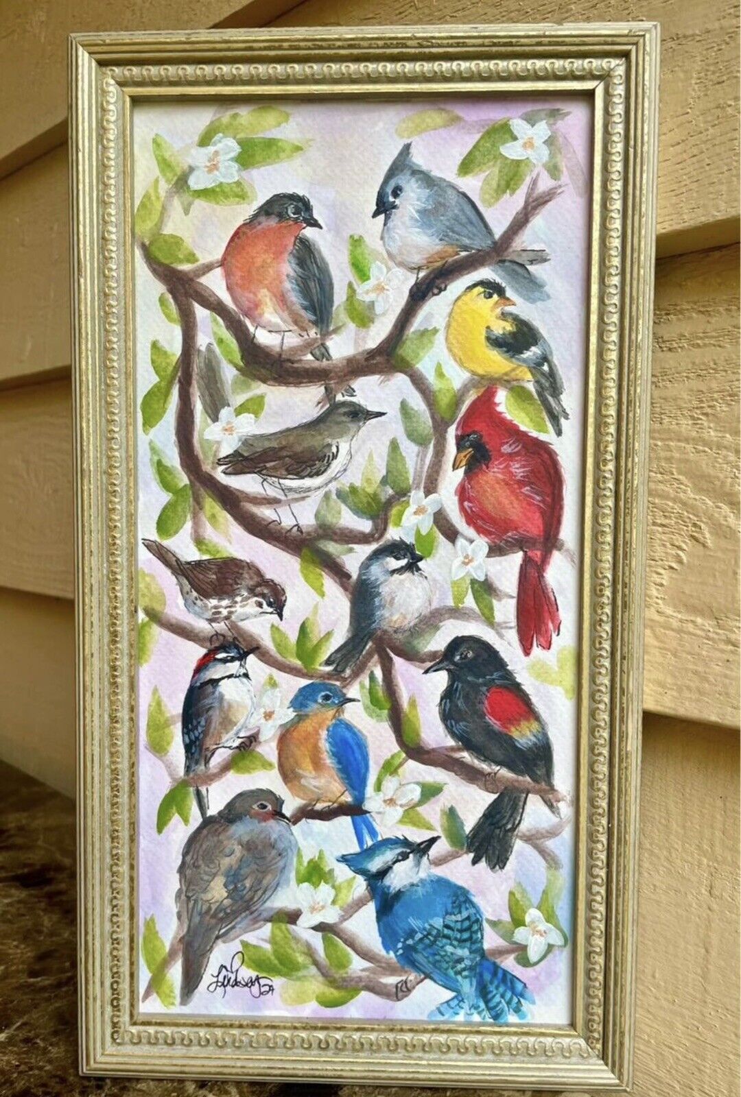 ORIGINAL Painting, Backyard Birds, Cardinal, Vtg Frame, Hummingbird Gift, Art