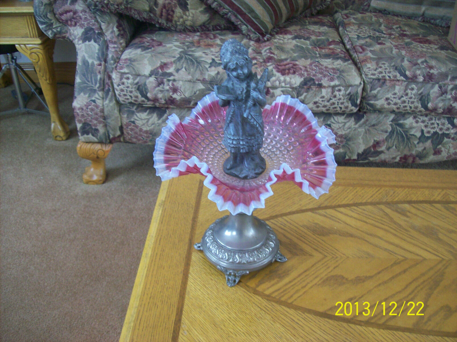 Brides Basket Compote Antique Cranberry Ruffled Victorian Pewter Child Statue