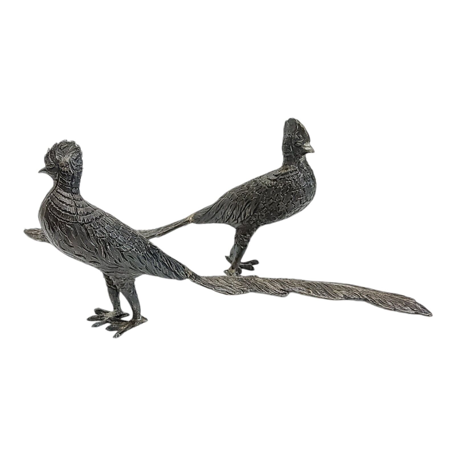 Antique Art Deco Pewter Silverplate Pheasant Peacock Bird Figurines Pair