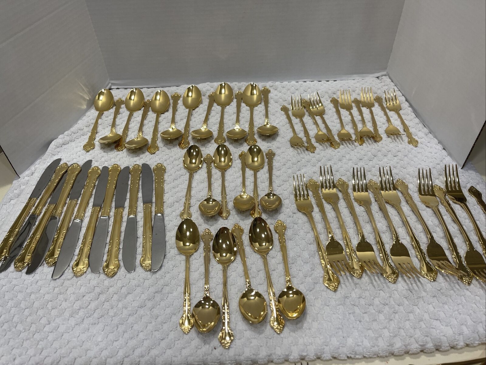 Vintage Oxford Hall  Stainless Steel Gold Electroplate 58 Piece Set For 12 Ppl