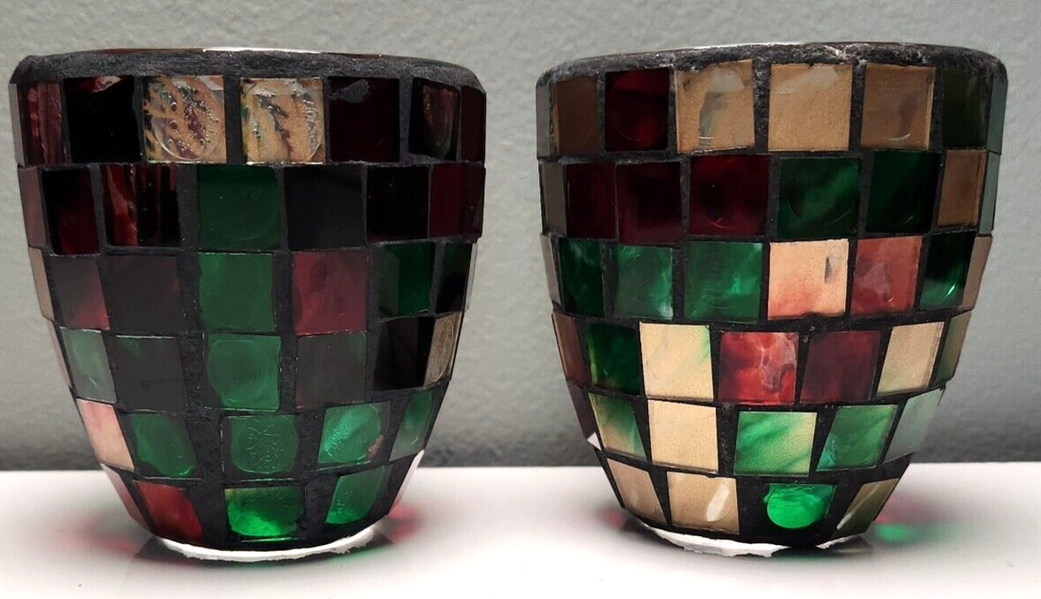 Vintage Pair Of Mosaic Stained Glass Votive Candle holders 3.25''