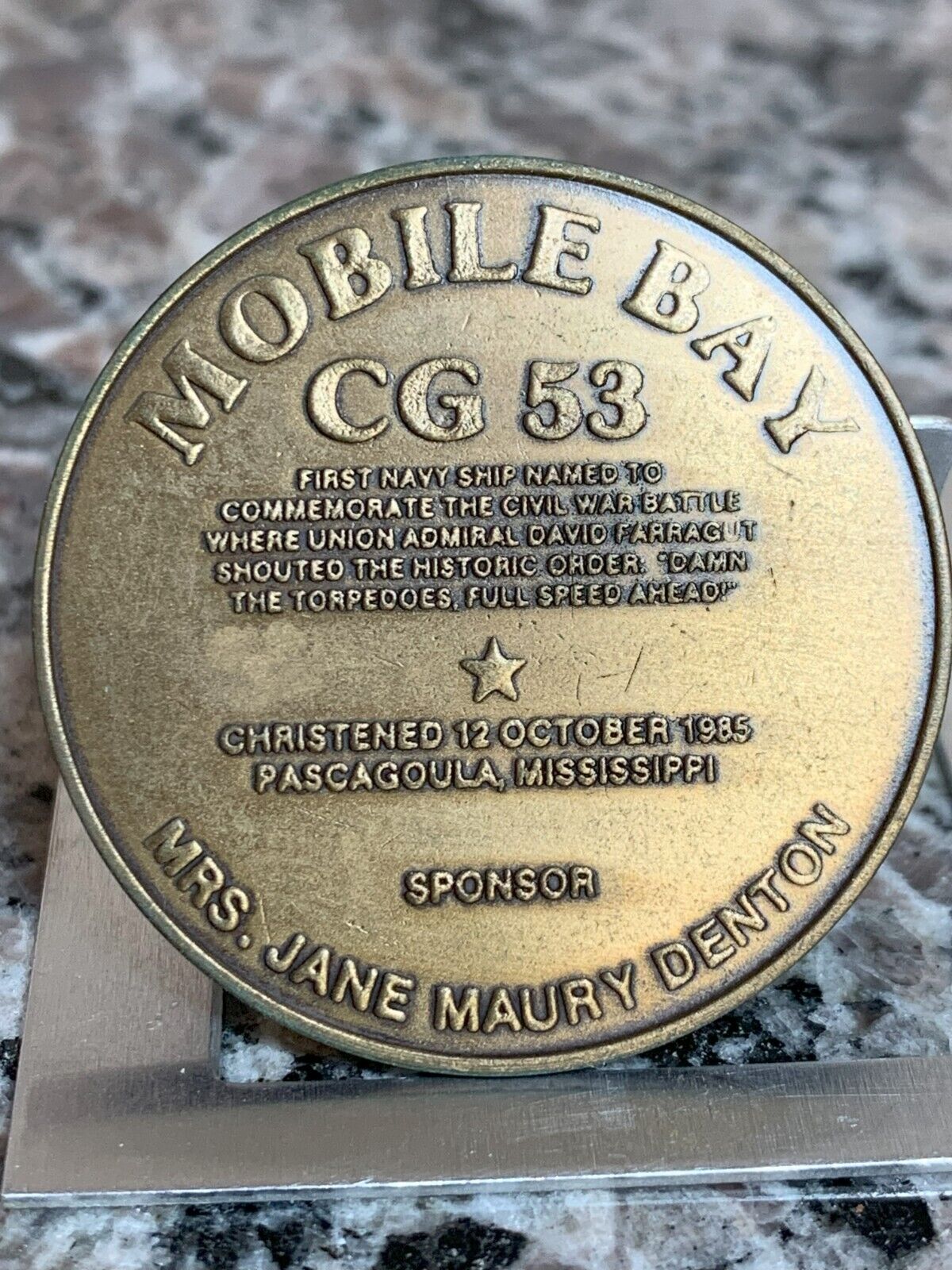 USS Mobile Bay CG 53 christening coin medal October 12, 1985