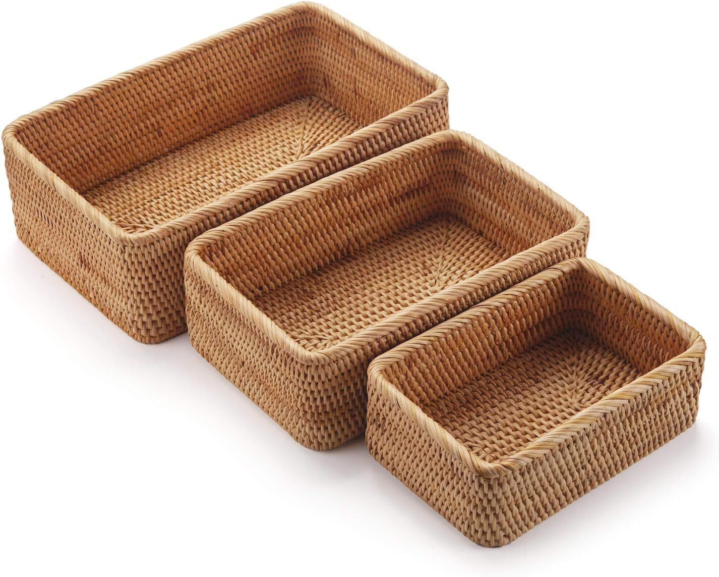 Rattan Fruit Storage Baskets Rectangular Woven Wicker Box for Key Holder
