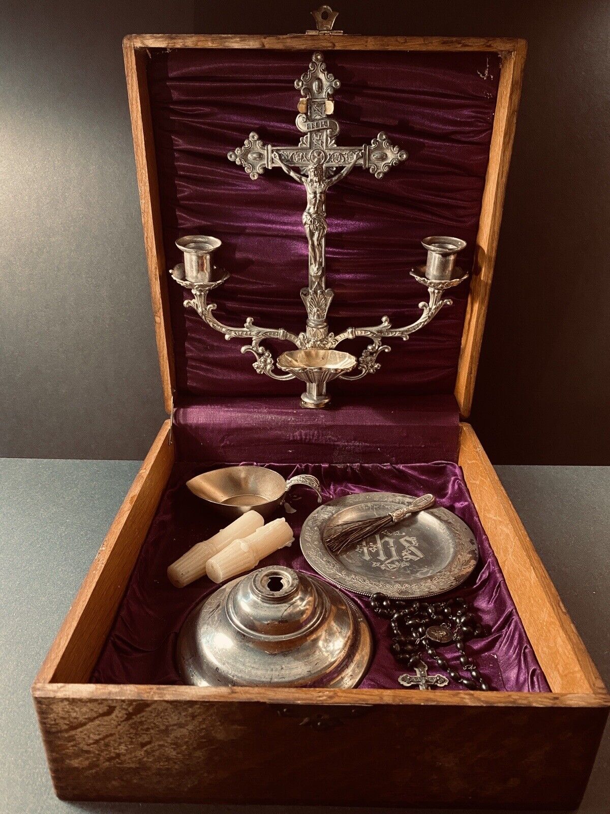 Antique Victorian - Last Rites Sick Call Box - 1897 - Cross Candelabra