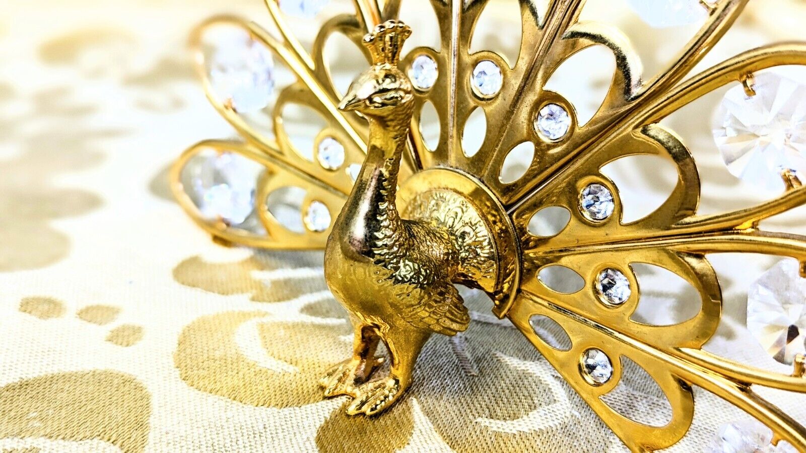 Peacock Figurine Gold Plated Swarovski Crystal Embellished Animal Bird Decor 