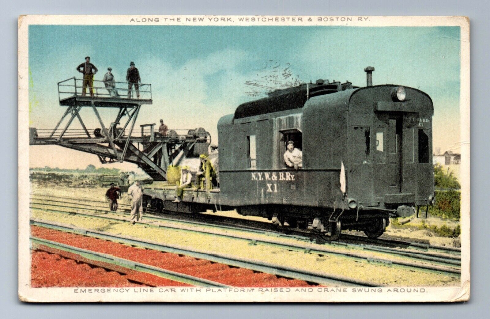 C.1920 NYW&B RY RR EMERGENCY LINE CAR X1 PLATFORM CRANE New Rochell Postcard PS