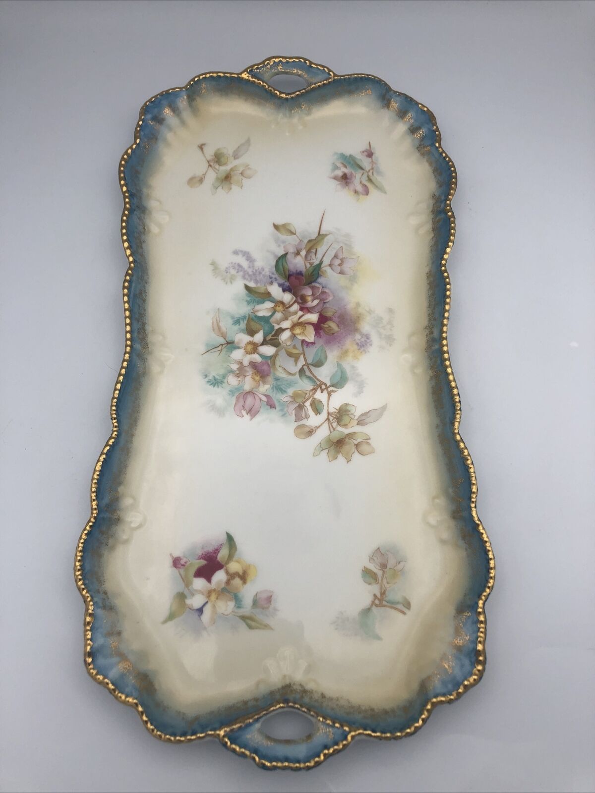 Antique RS Suhl Prussia Germany Porcelain tray hand painted, gilded large 15”