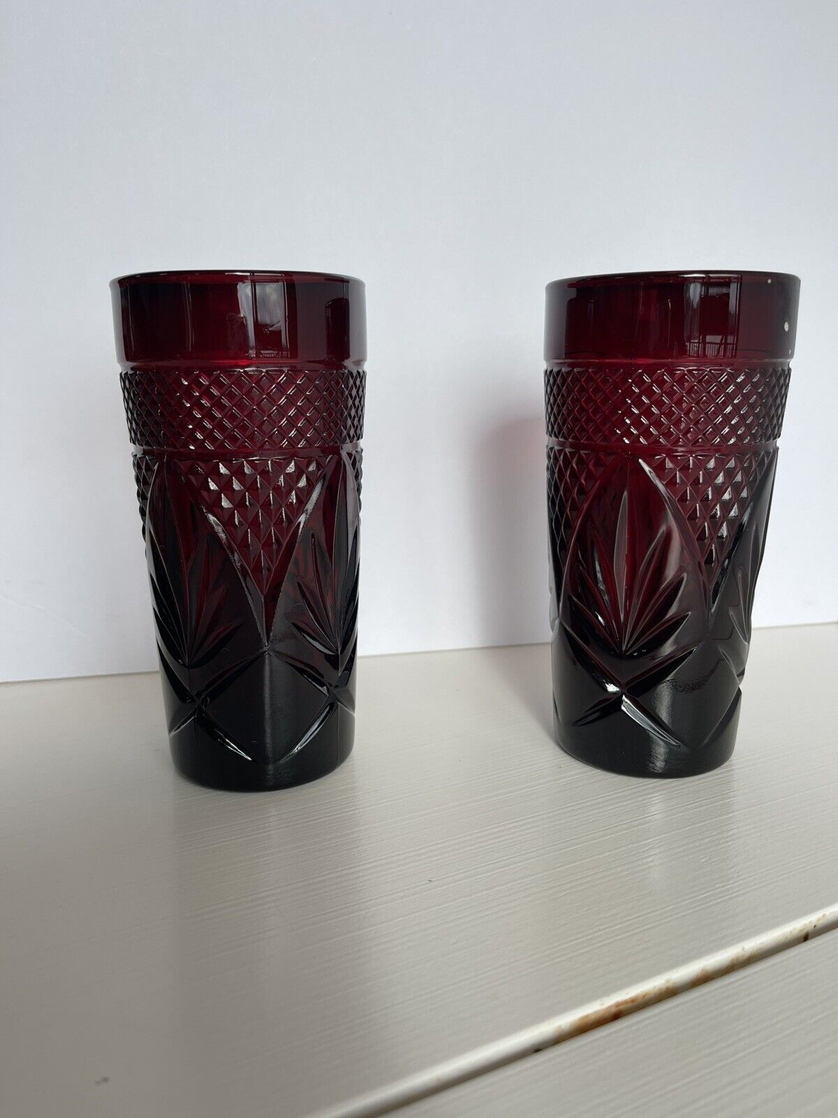 FRENCH RUBY RED TUMBLERS VINTAGE SET OF 2-CRISTAL D'ARQUES LUMINARC ARCOROC