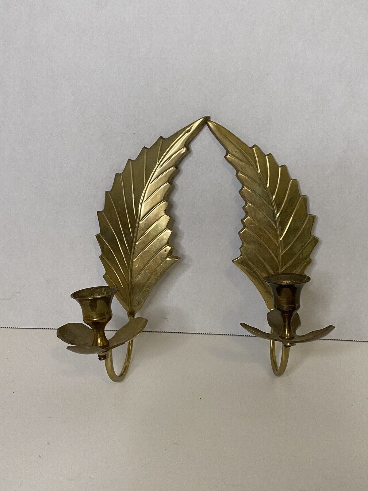 Vintage Brass Candle Holder Wall Sconce Pair Set Leaf Wing Feather MCM India