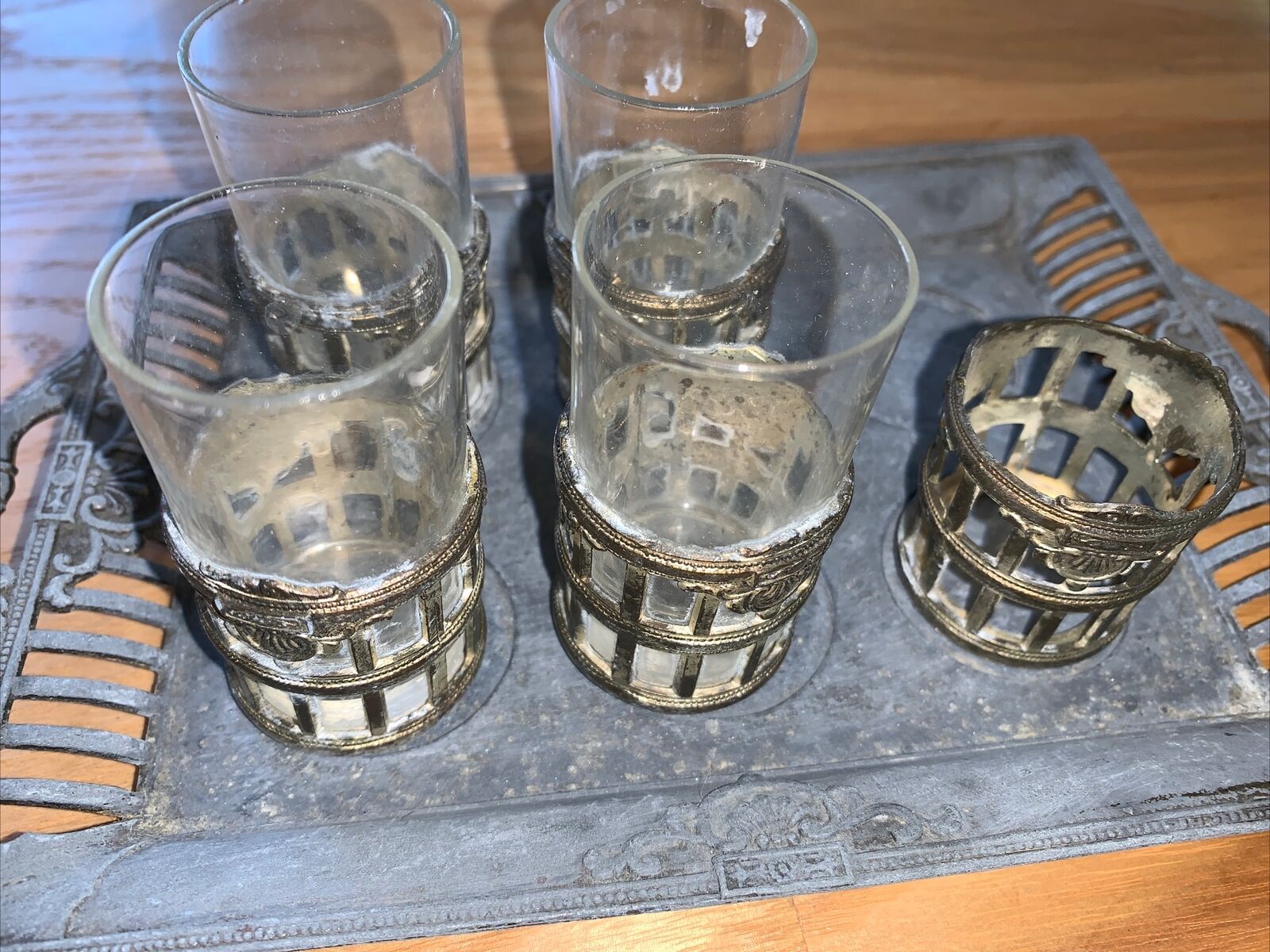4.5 ANTIQUE SHOT GLASSES WITH VERY ORNATE METAL WORK AND  Tobacco TRAY Japanese
