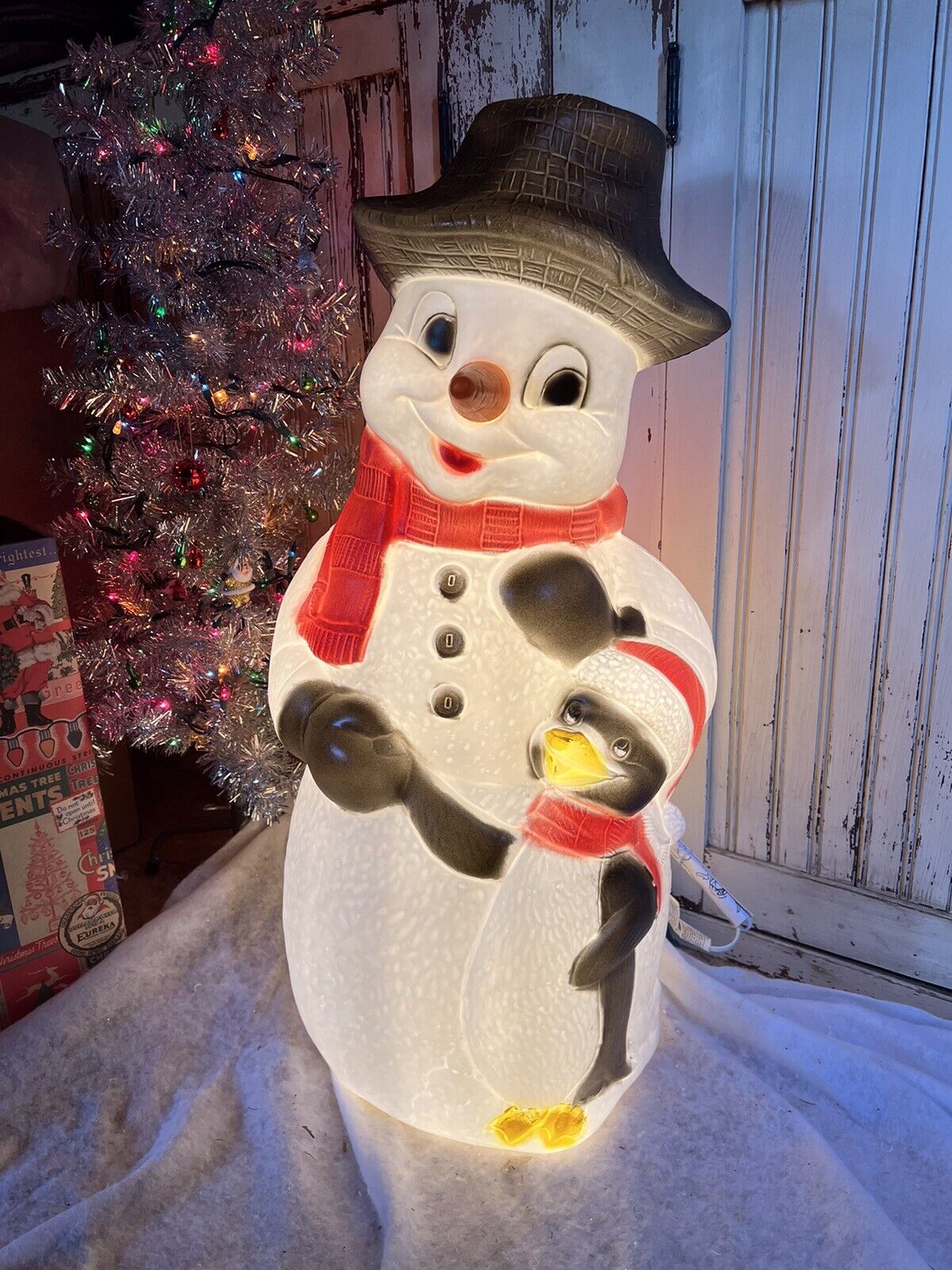 Blow Mold Snowman With Penguin Friend Lighted New Stock 31” Inches