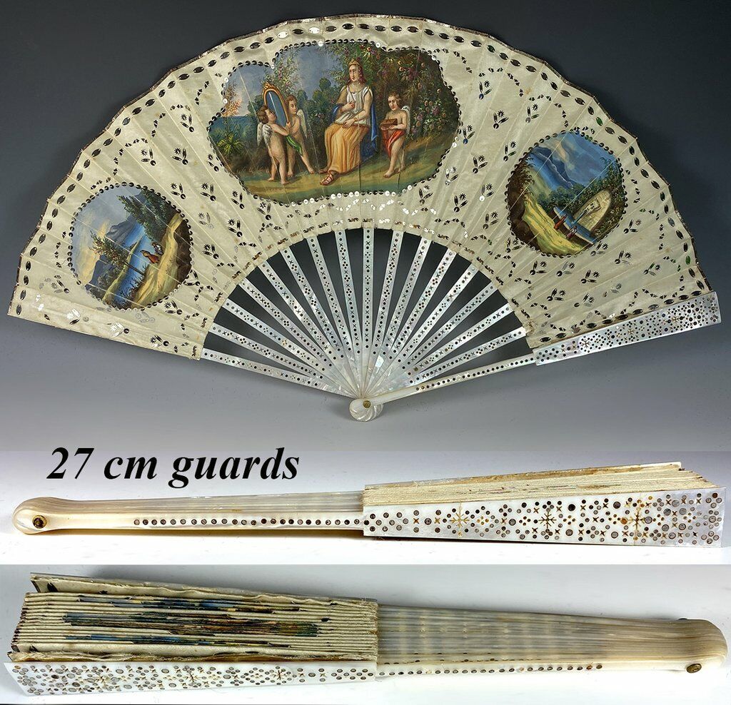 Fab Antique French Hand Fan, c.1770, Painted Silk, Sequin, Pique Mother of Pearl