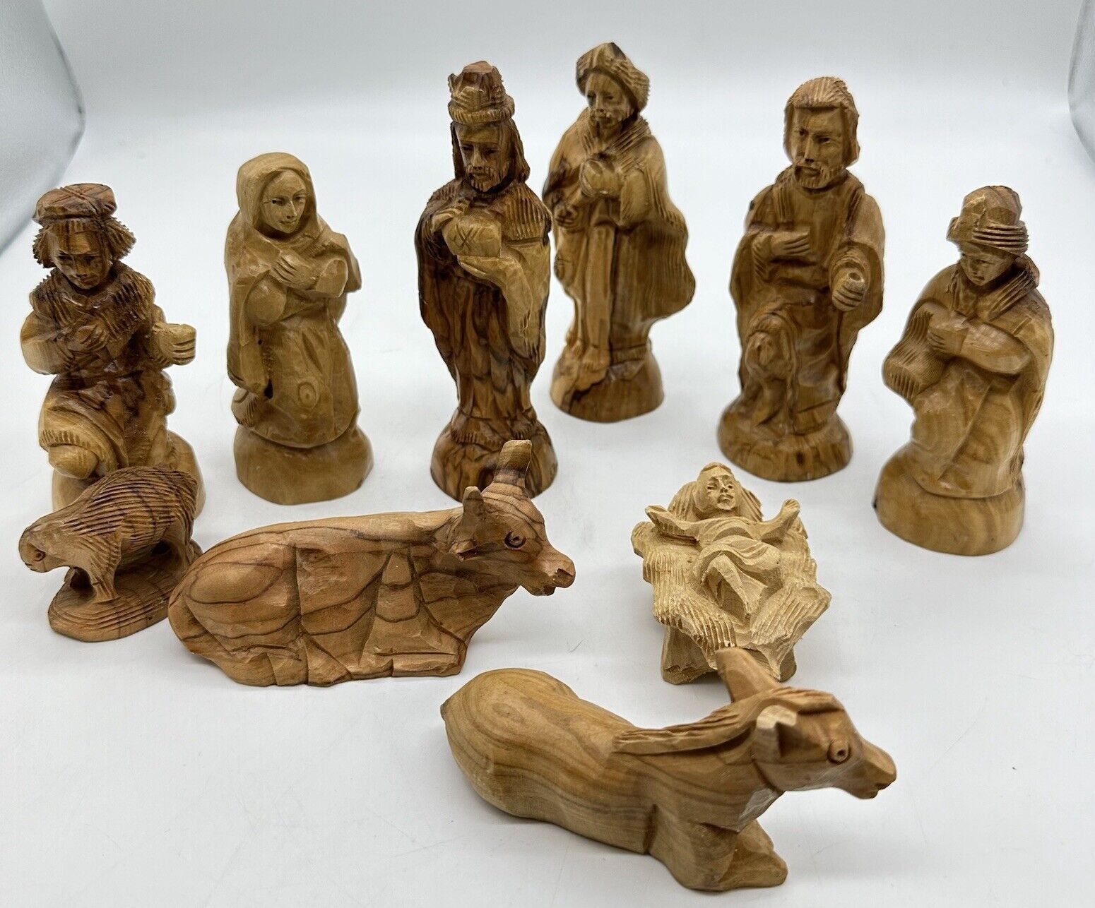 Vintage Mini Olive Wood Hand Carved Nativity 10 Pc Set