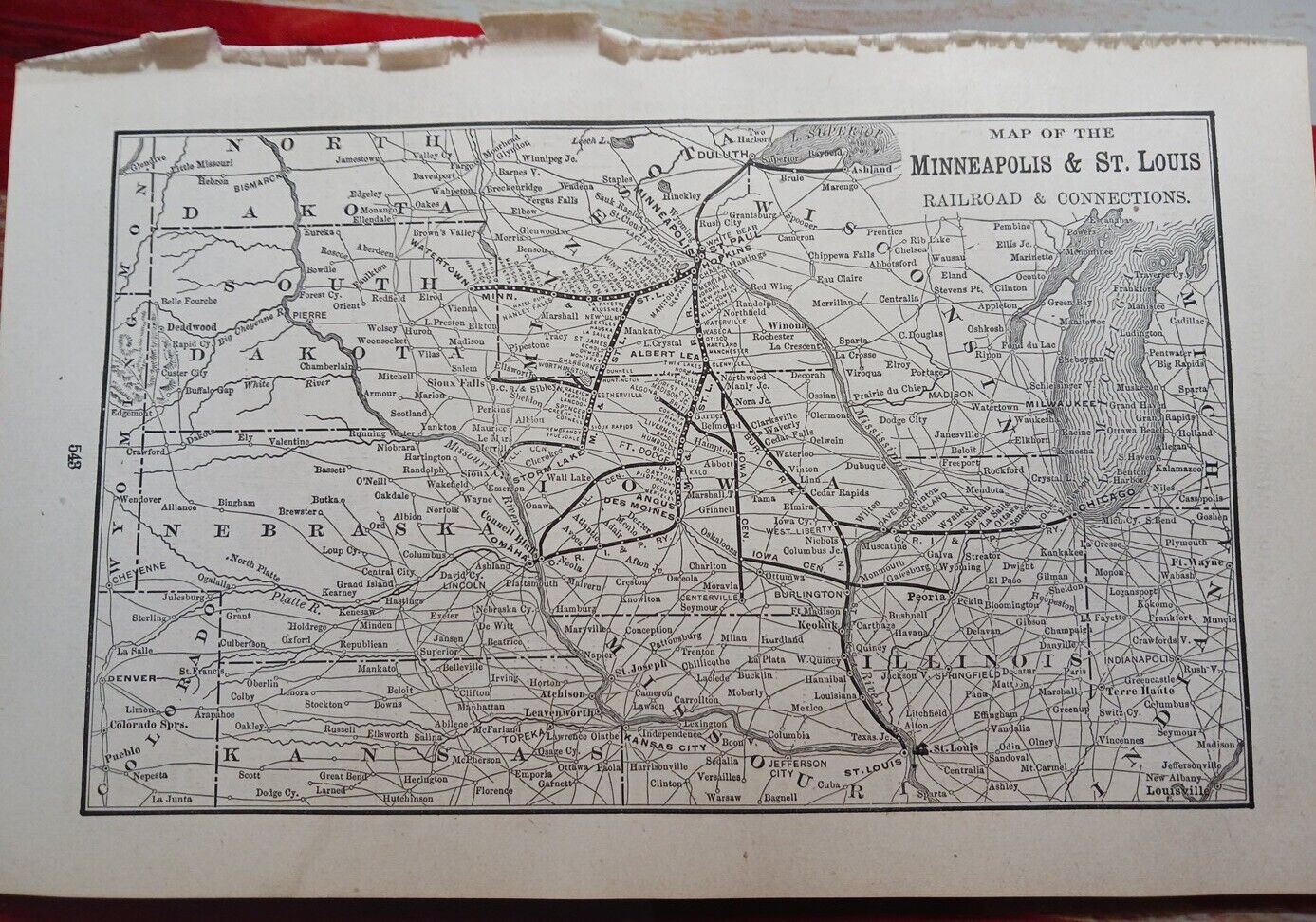 1902 Train Route Map MINNEAPOLIS & ST LOUIS RAILROAD and Connections Station 