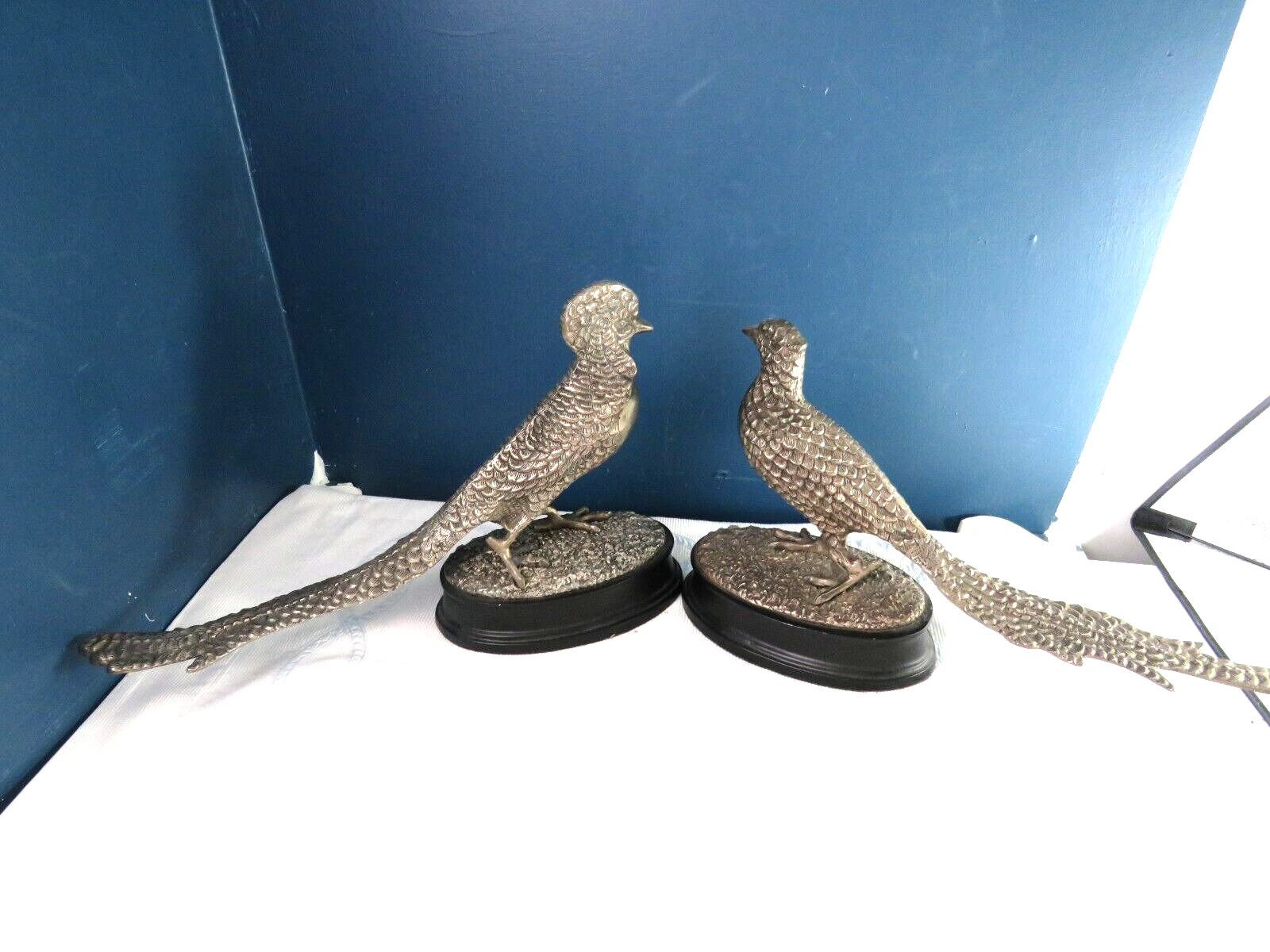 NICE PAIR~ PHEASANT SCULPTURES ~BRONZE SILVER PLATED FINISH 