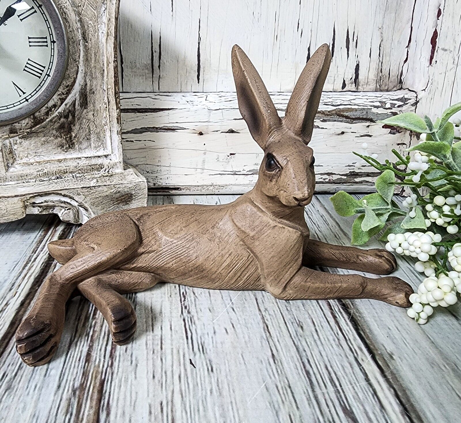Brown Wood Look Resting Rabbit Figurine Rustic Summer vintage Style Decor 