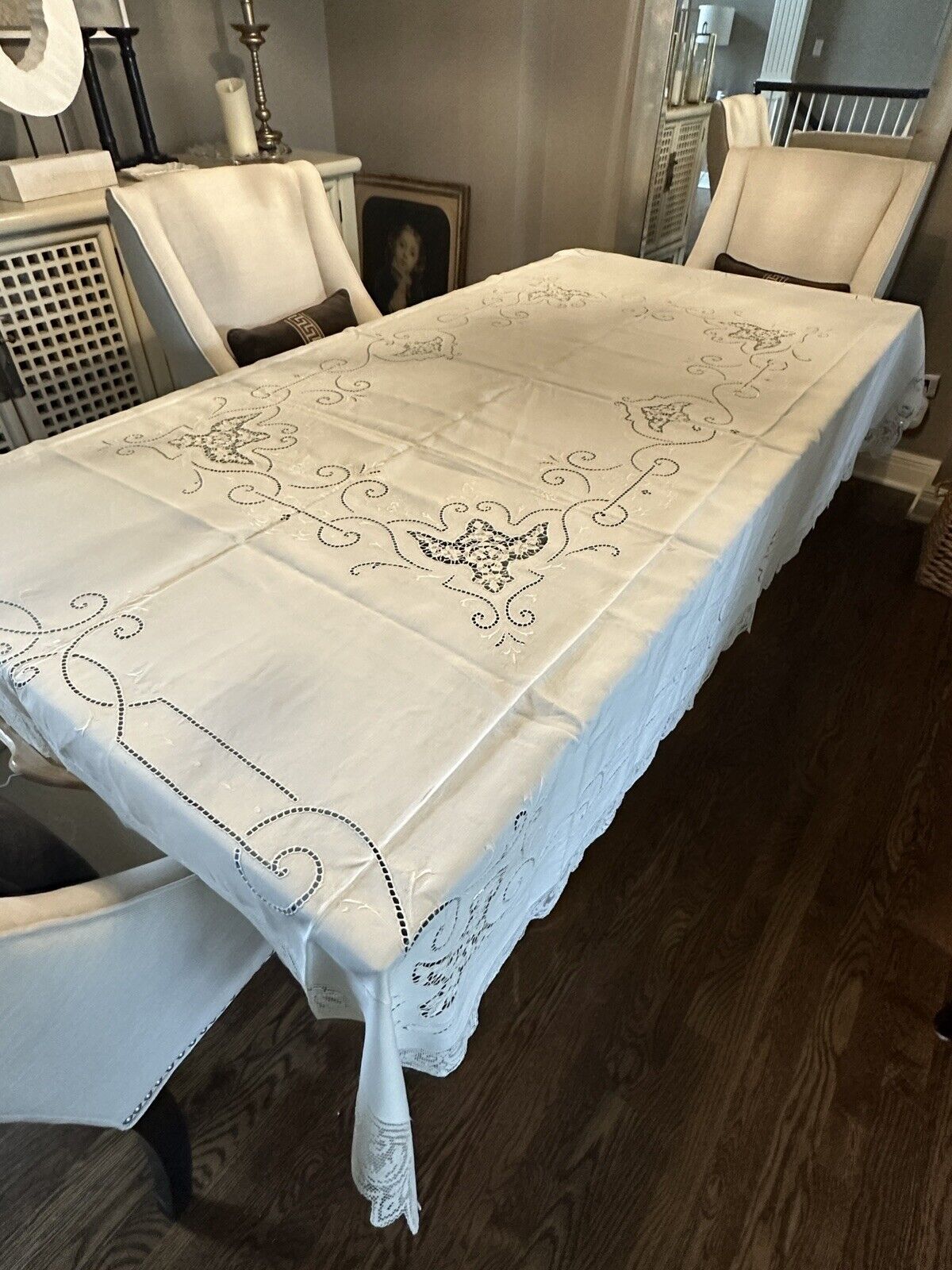 Elegant Vintage Ecru Tablecloth With Cutwork  Embroidery And Lace Trim 88”x67”