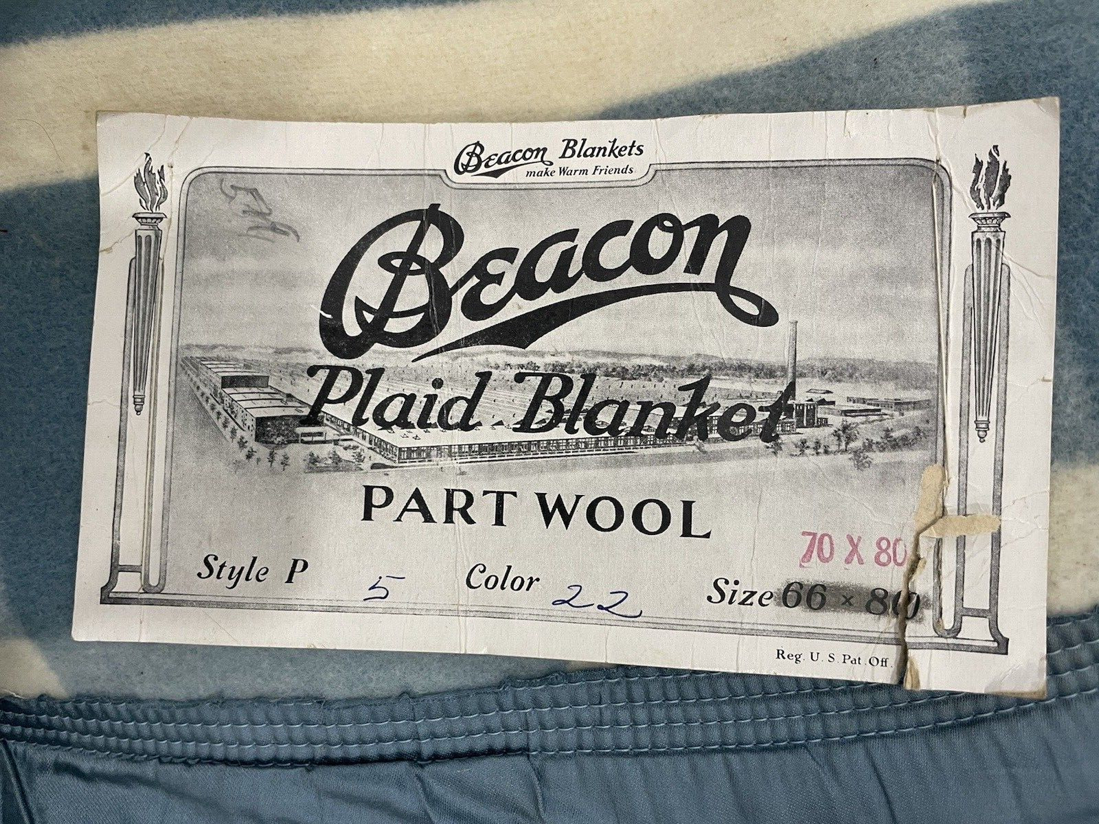 Vintage Beacon Plaid Blanket Part Wool RARE SIZE- NOS With Tag Blue '40s/50s