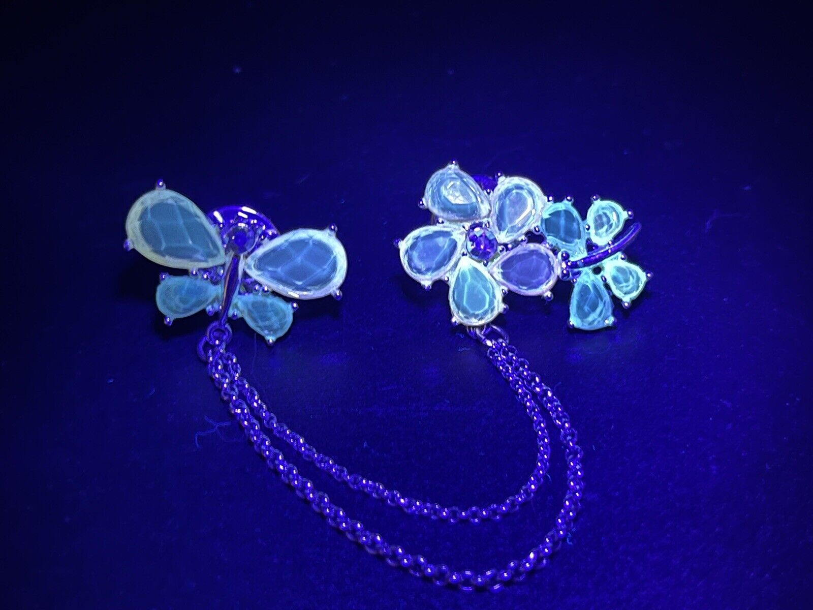 Vintage UV GLOW Double Butterfly Brooch Pins w/ Sweater Chain Rhinestones