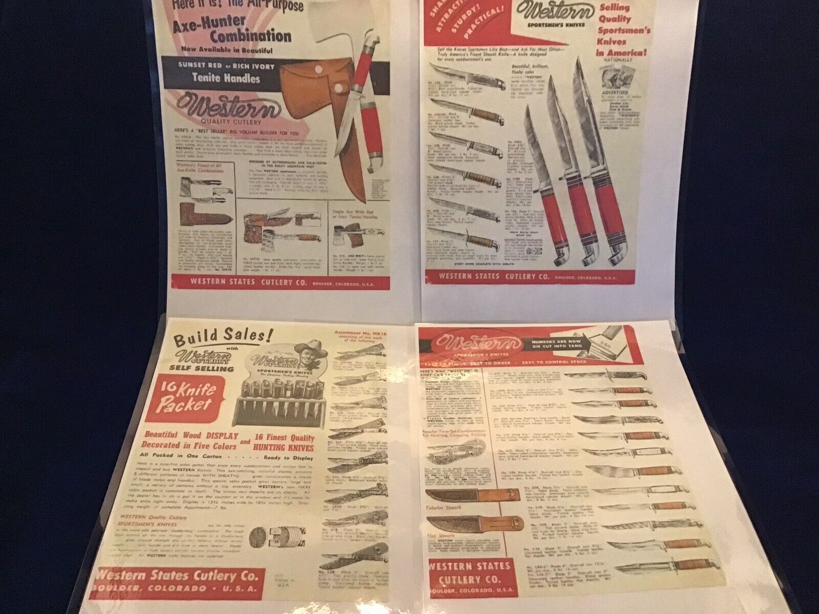 VINTAGE 4 PAGE LAMINATED COPY OF 1955 WESTERN QUALITY CUTLERY KNIVES CATALOG