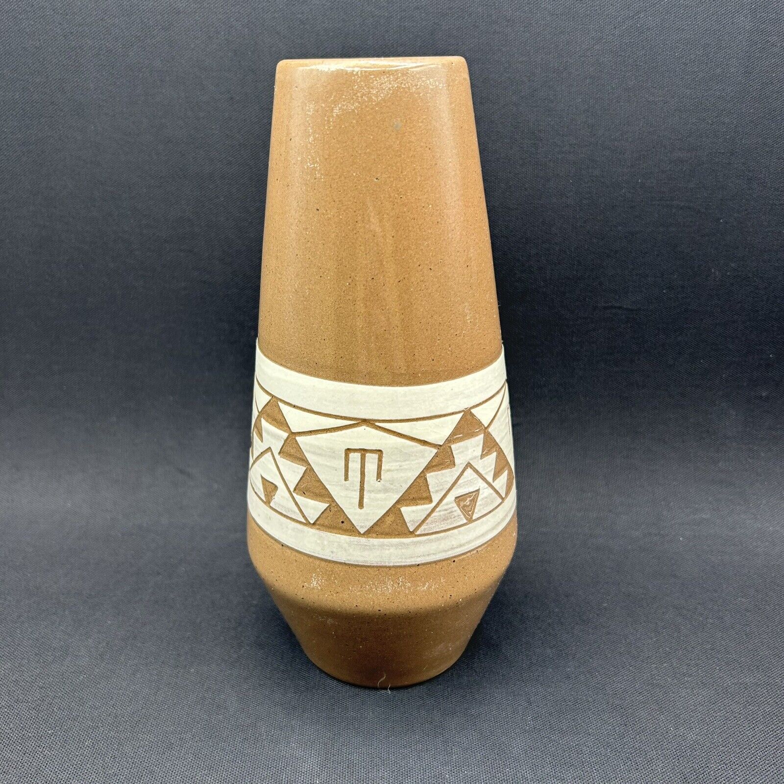 Vintage Sioux Glazed Pottery Terra Cotta Hand Carved Vase Abstract Signed 9.5”