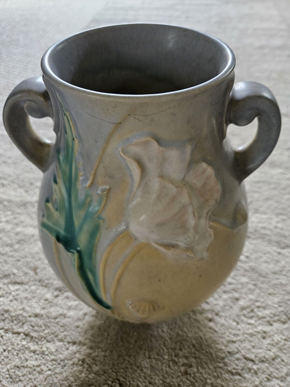 1930 Roseville Medium Double Handle White Poppies Vase Light Yellow Blue Base