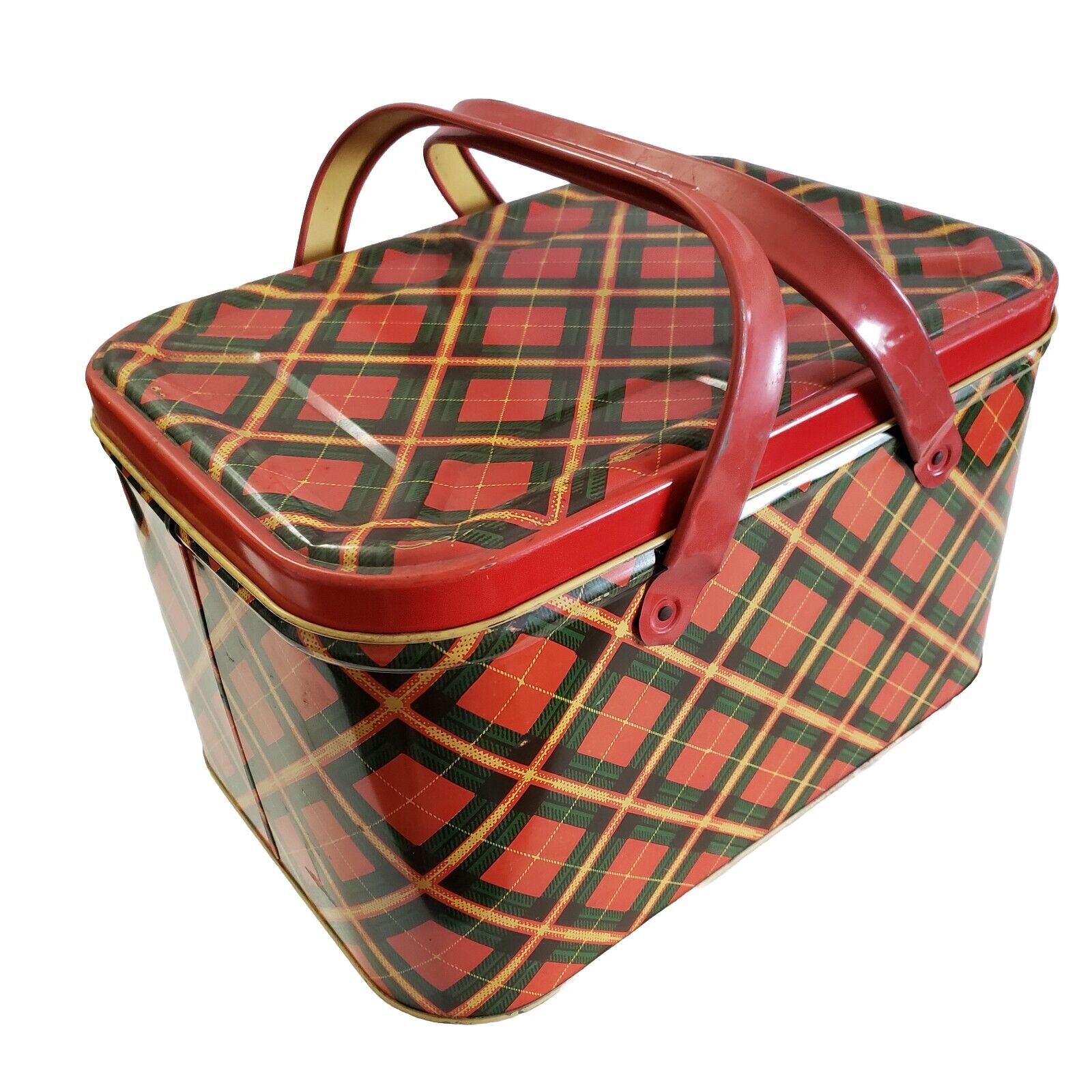 Red Plaid Metal Tin Picnic Basket Box with Lid 14\