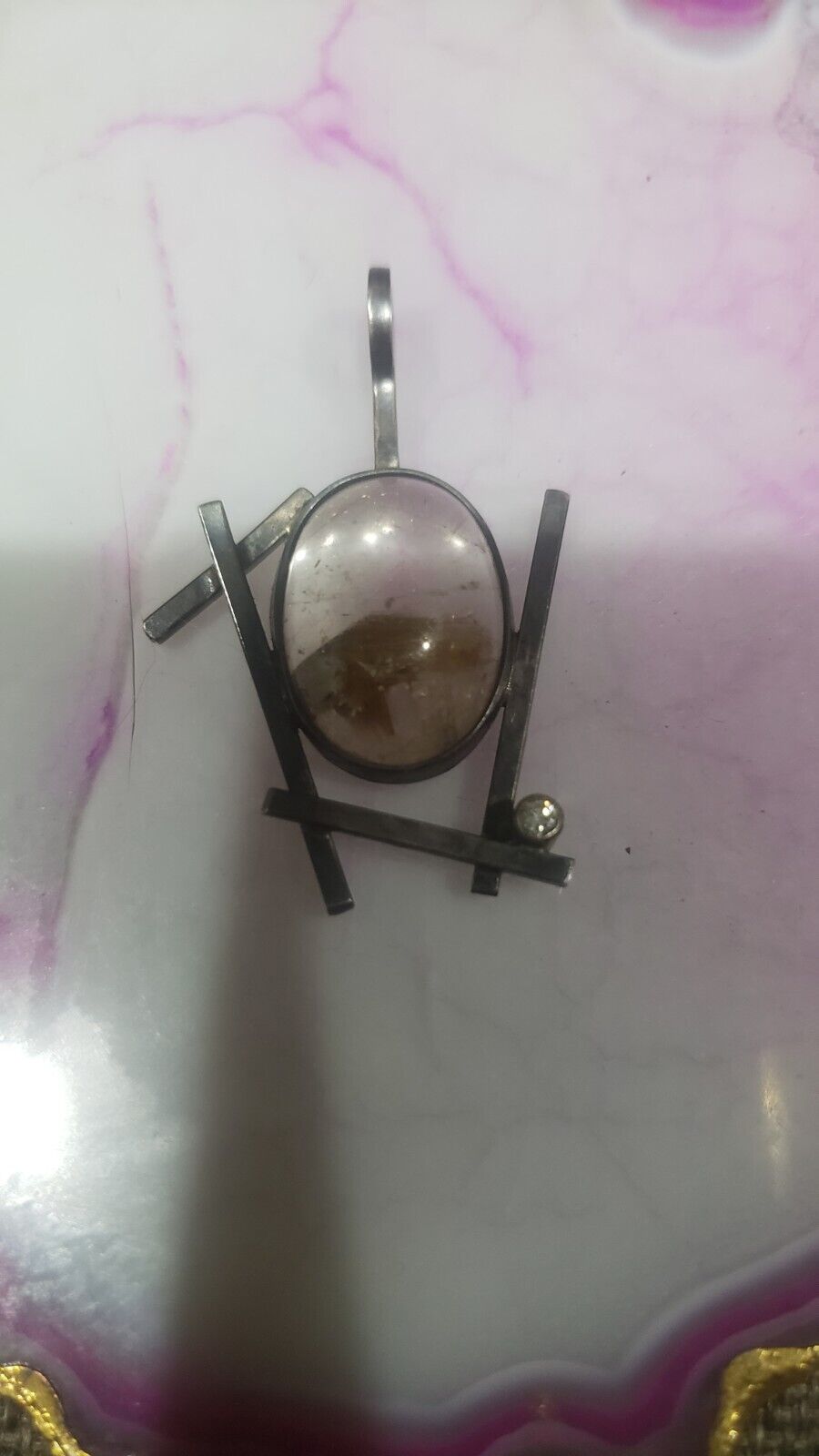 Pre-owned Crystal Rutilated Quartz with Inclusions Sterling Silver Pendant