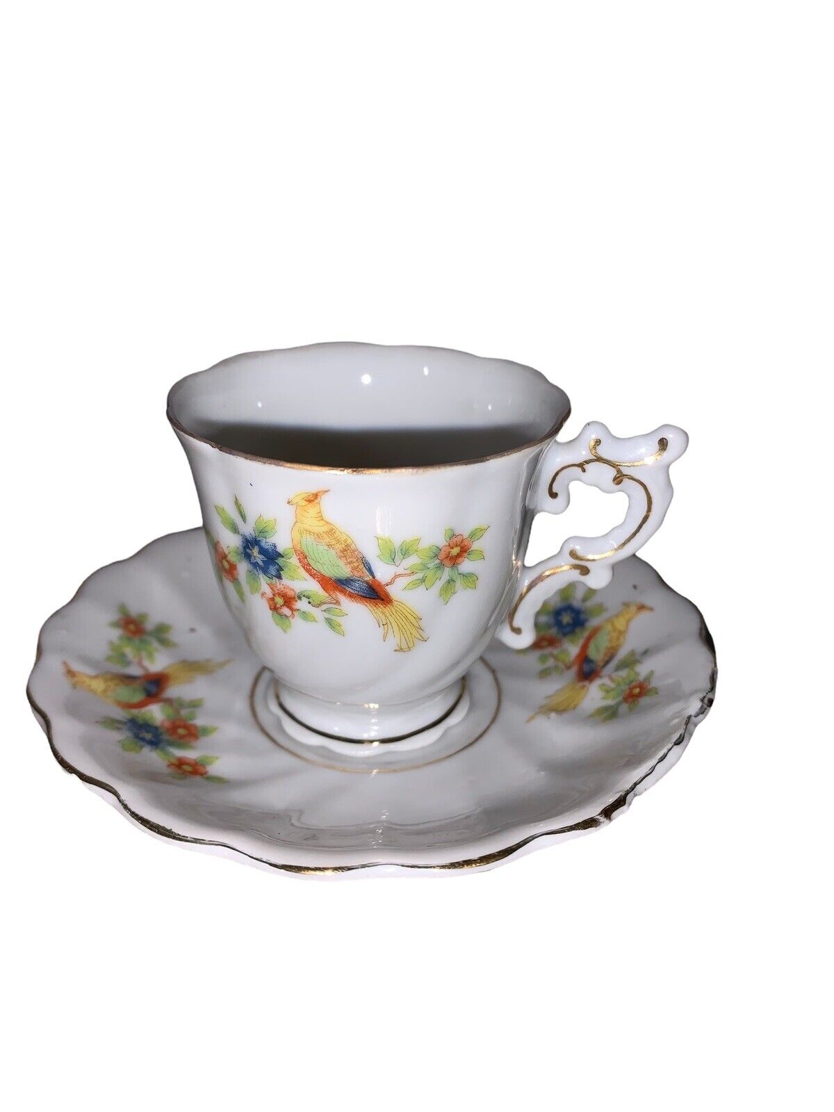 Demitasse Porcelain Tea Cup & Saucer Set, Colorful Bird & Flowers, Made in Japan