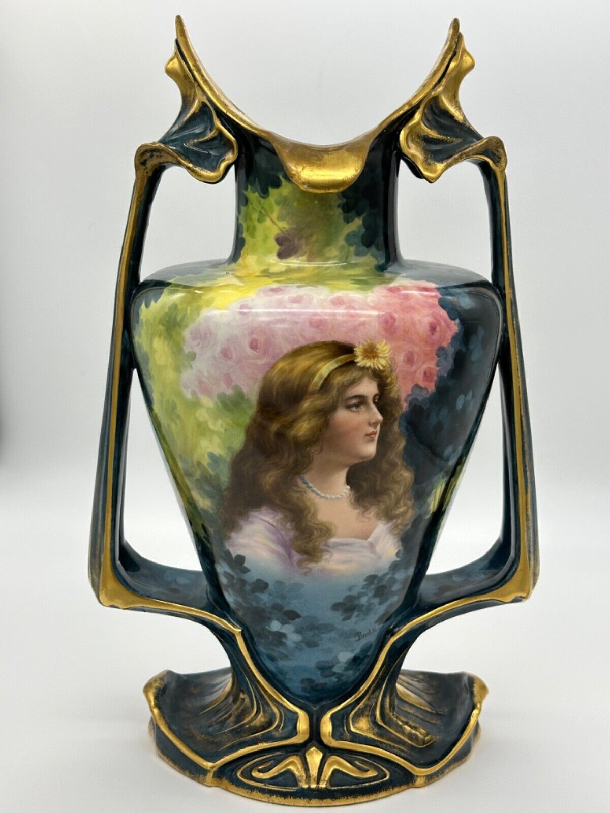 Royal Bonn Hand Painted Porcelain Twin Handled Portrait & Landscape Vase