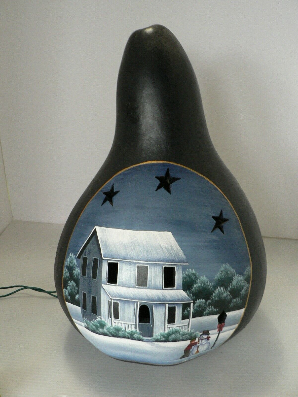 HANDPAINTED GOURD W/ WINTER WONDERLAND SCENE, CUT OUTS & LIGHTED
