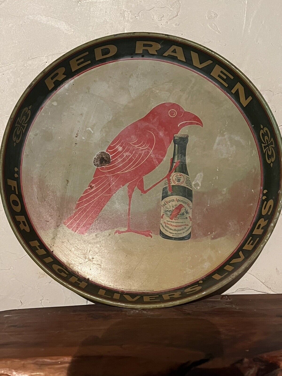 Antique Red Raven Splits Advertising Tin Tray 12”