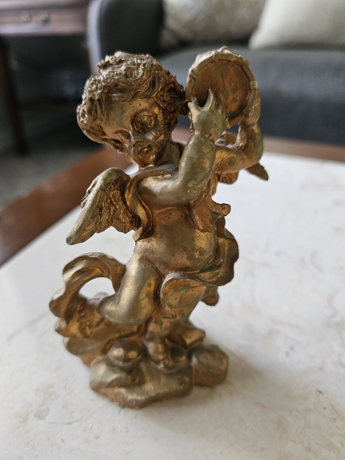 Small Resin Painted Gold Angel Figure, Cherub, Angel Playing Drum, Hollywood Reg