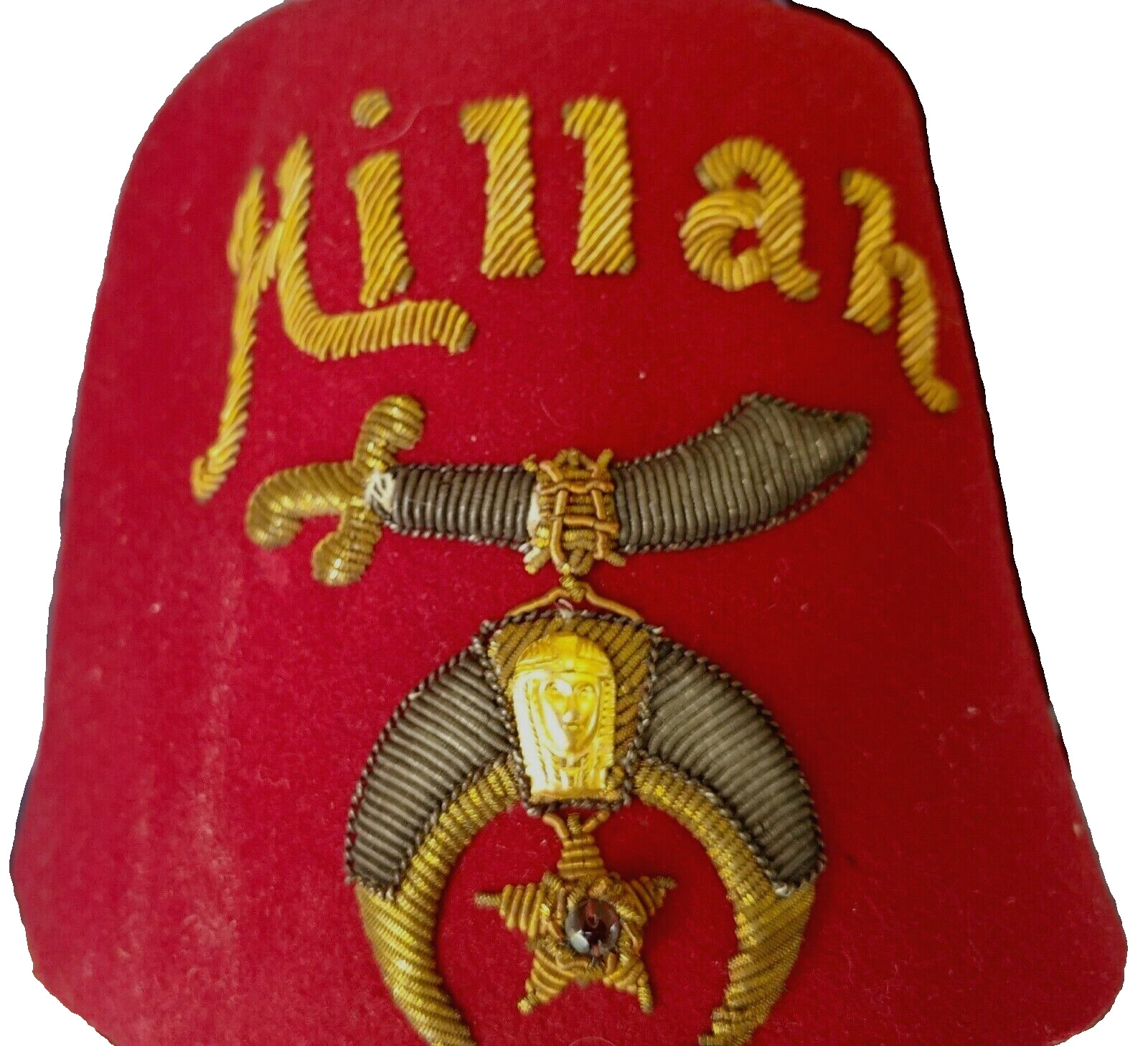 VTG Felt SHRINER FEZ Red & Gold HAT Embroidered JEWELED Sword & Tassel HILLAH OS