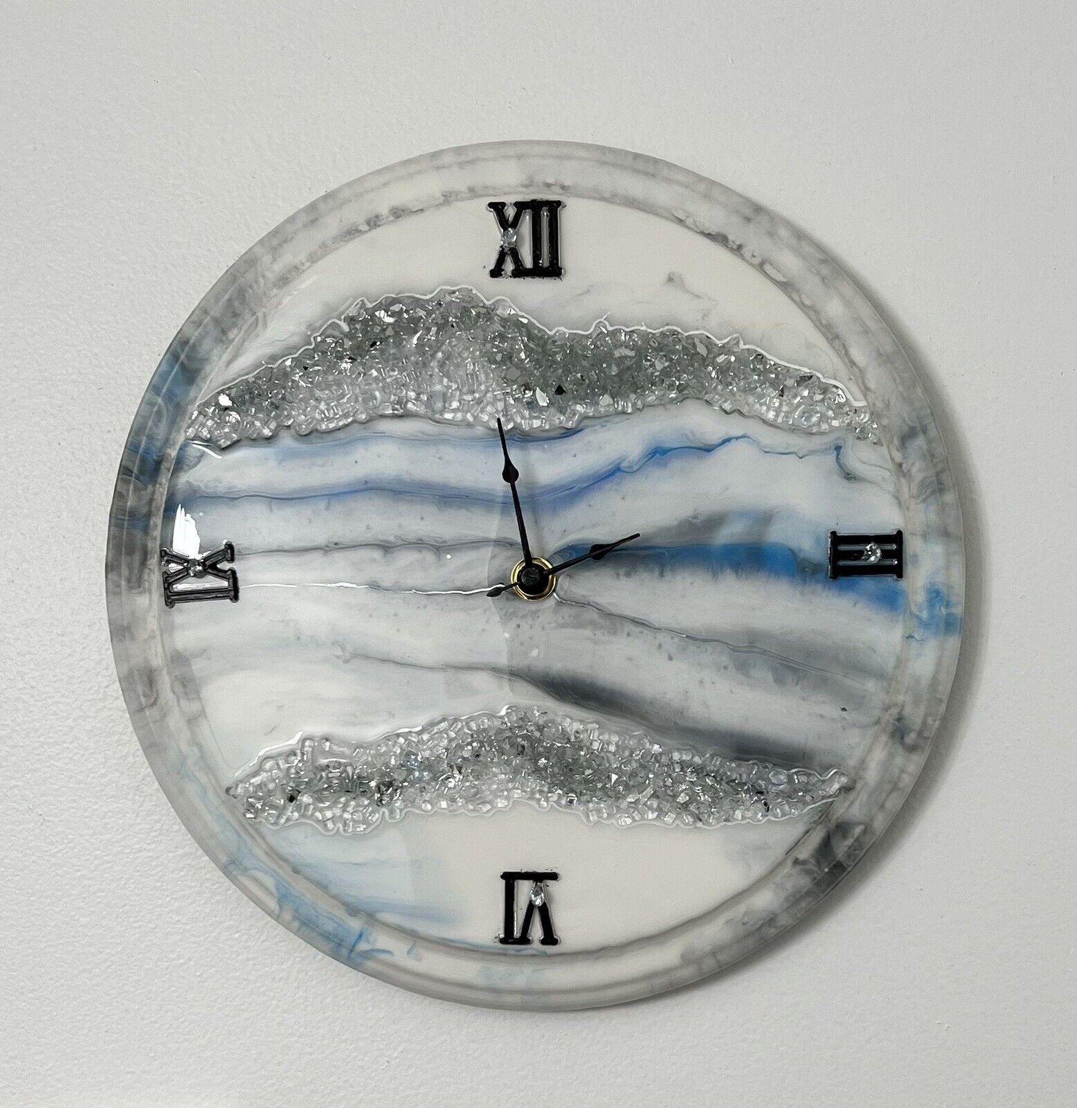 Acrylic Modern wall clock With Epoxy Resin.  Grey, White & Silver Sparkly