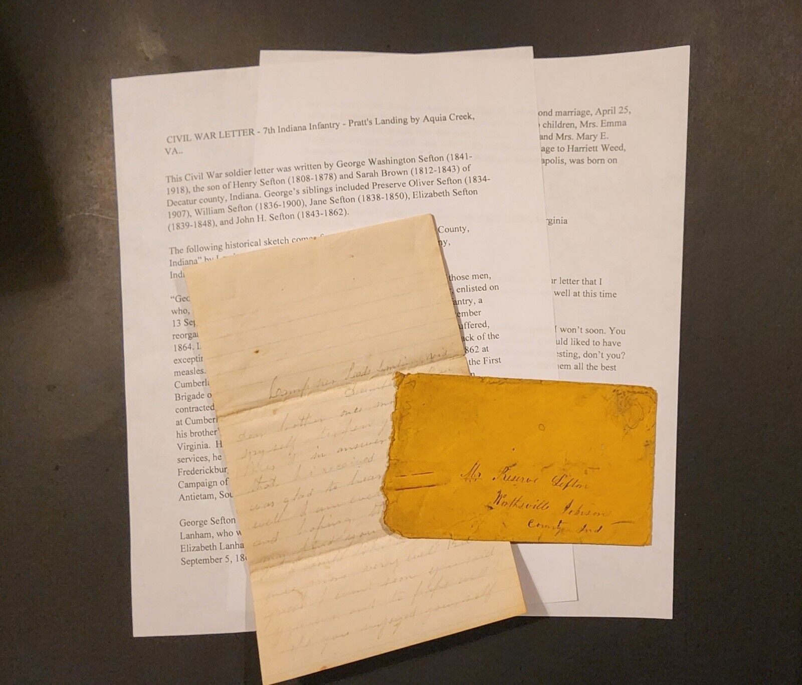   7th Indiana Infantry - Civil War Letter, -Pratt\'s Landing by Aquia Creek, VA.