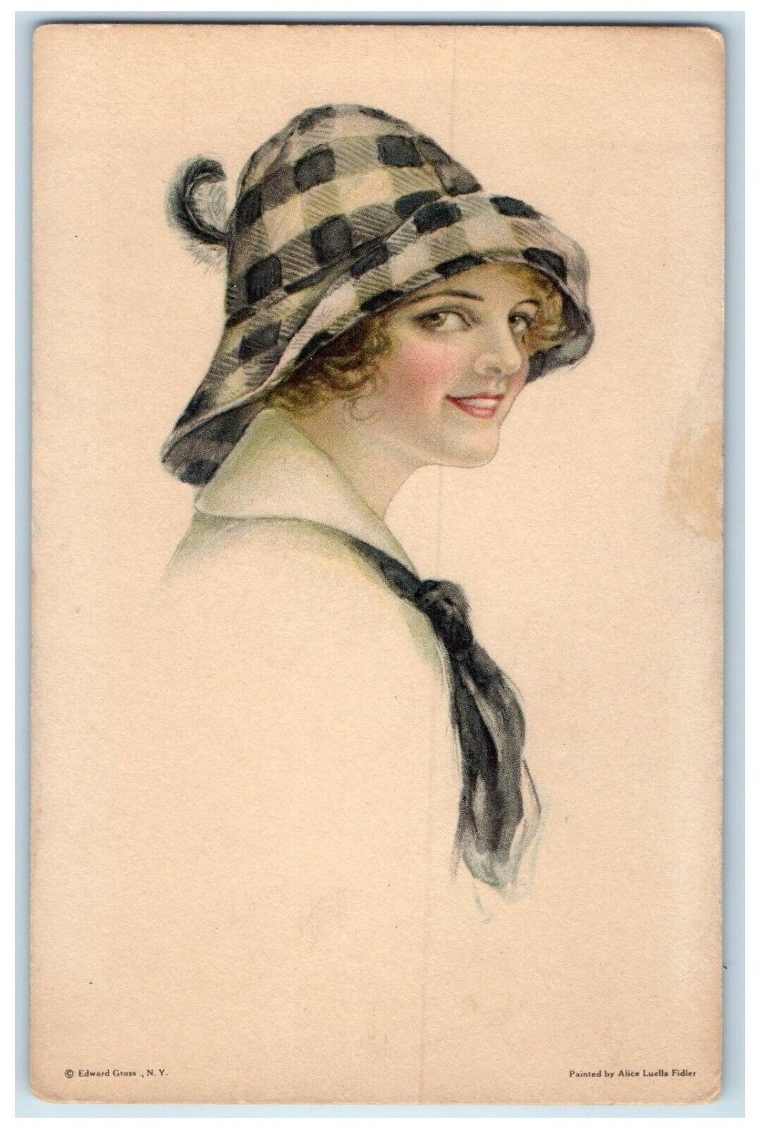 c1910s Pretty Woman Checkered Bonnet Hat Painted By Alice Luella Fidler Postcard