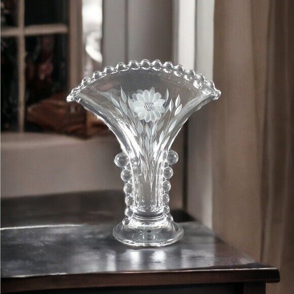 J W Hughes Candlewick Cornflower Etched Glass Vase