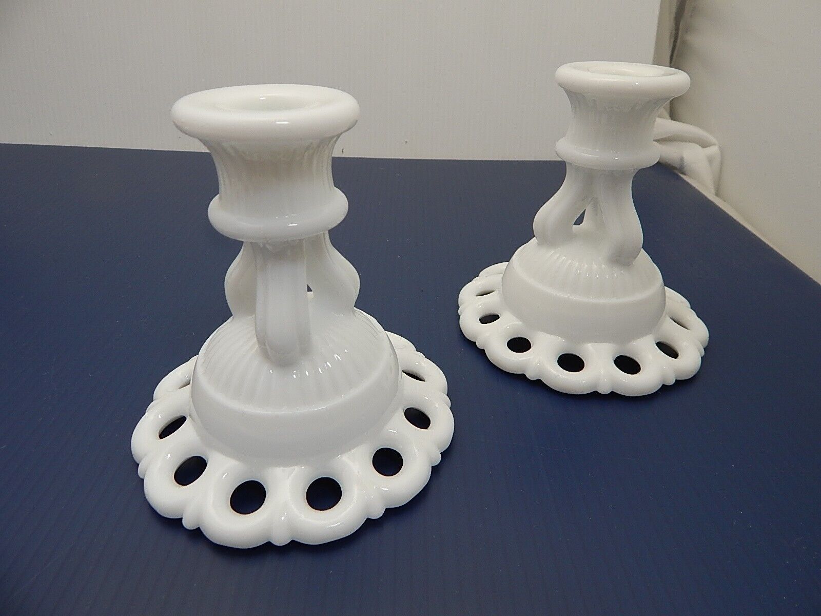 MILK GLASS WESTMORELAND CANDLE STICK HOLDERS DORIC OPEN LACE WHITE LOT OF 2