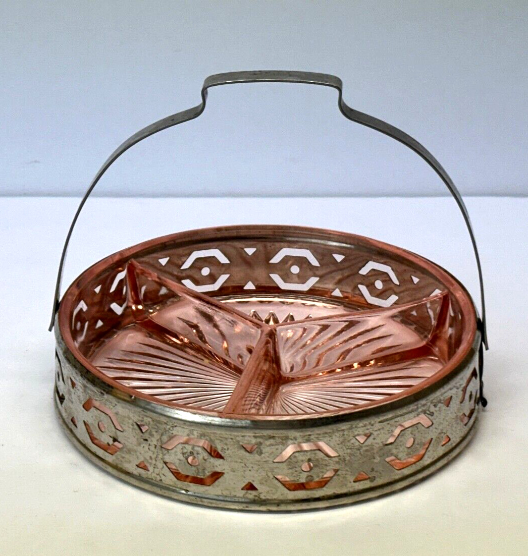 VTG Pink Depression Glass Divided Relish Candy Dish Metal Pierced Caddy Holder